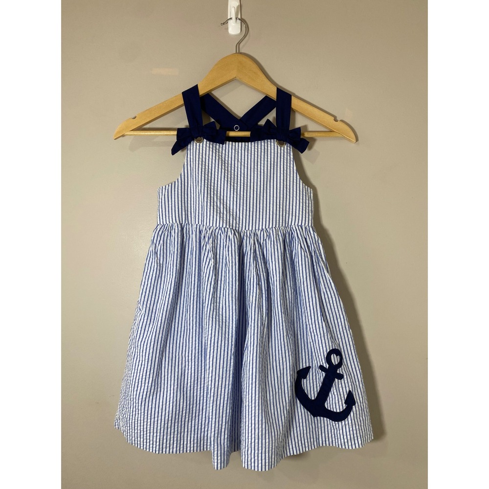 Tahari Dress Girls Blue White Seersucker Anchor Nautical Bows Size‎ 7